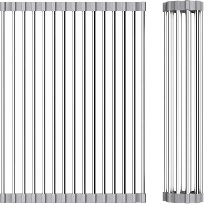 Foldable Over Sink Dish Drying Rack - Stainless Steel Sink Drain Rack with Silicone Edges, Roll-Up Storage for Kitchen, RV, Dorm Sinks (14.5×11.4in)