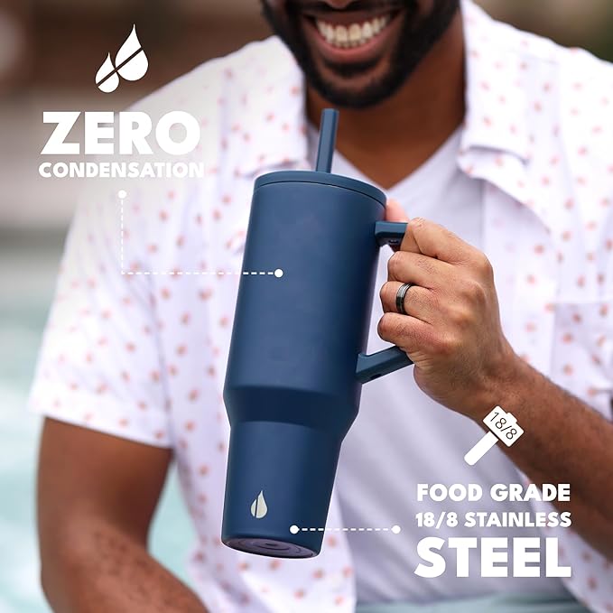Elemental 40 oz Tumbler with Handle and Straw - Spill Proof Insulated Stainless Steel Commuter for Hot and Cold Beverages - Travel Coffee Mug with 2 Straws & Spill Proof Lid - 40oz - Navy Blue