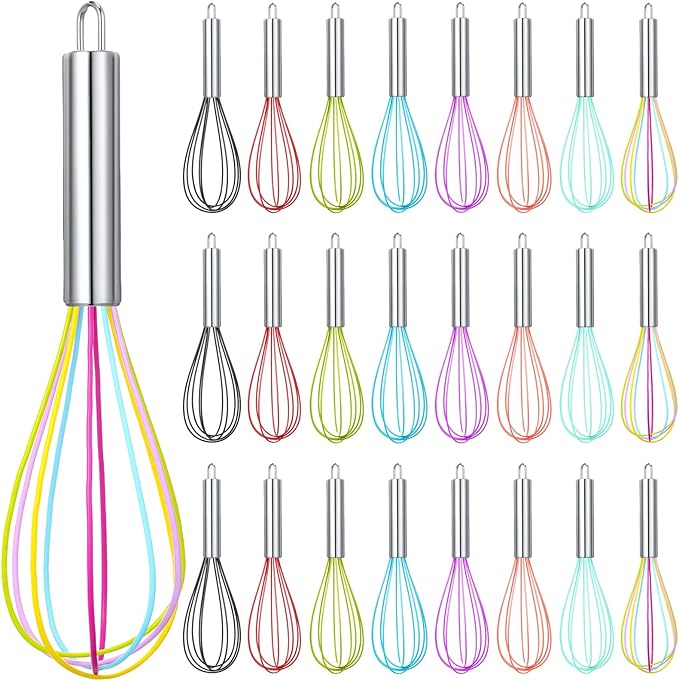 Domensi 24 Pcs 8 Inch Christmas Whisks Bulk for Cooking Silicone Whisks Non Scratch Stainless Steel Whisk Coated Metal Heat Resistant Egg Beaters for Holiday Party Favor Gift Supplies