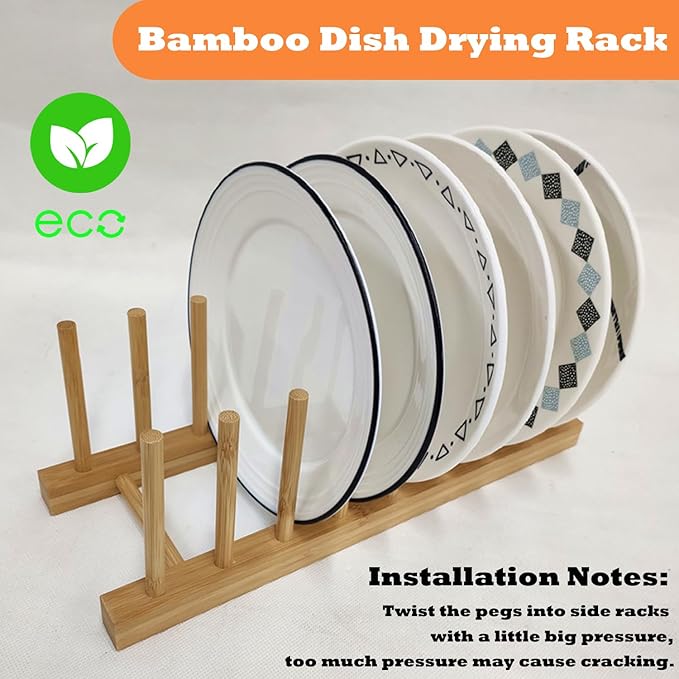 Bamboo Dish Drying Rack Kitchen Cabinet Organizer, Plate Pot Lid Organizer, Wooden Drying Rack Stand Drainer for Dish, Pots, Lids, Bowls, Cups, and Cutting Boards and Books (4PCS)