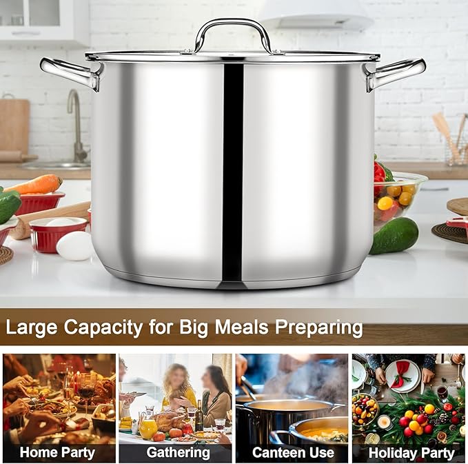 P&P CHEF 24 QT Stock Pot with Lid, Stainless Steel Large Cooking Pot, Soup Canning Stockpot for Stewing Simmering, Tri-ply Bottom for All Stoves, Heavy-Duty &Dishwasher Safe & Food-Grade