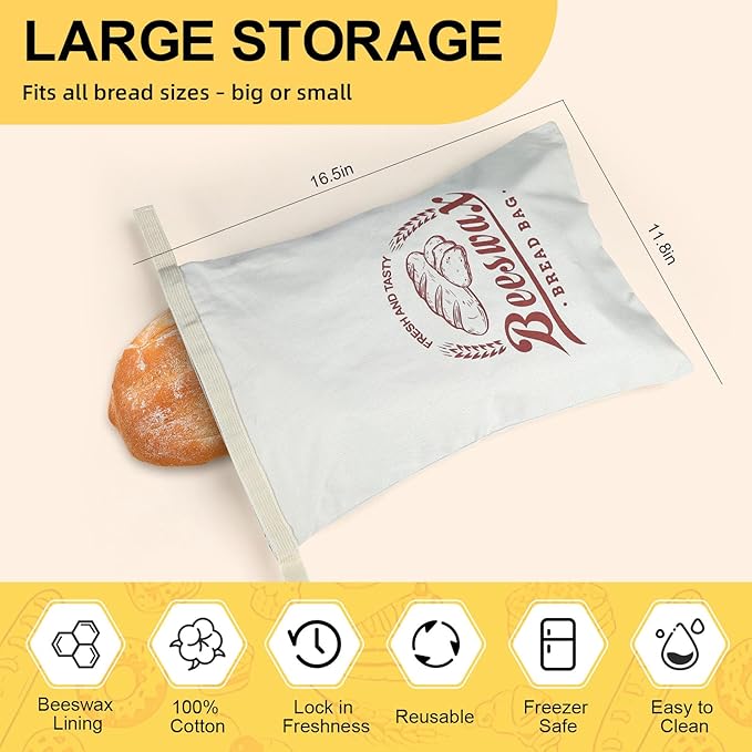 2 Pack Beeswax Bread Bags for Homemade Bread, Large Linen Reusable Bags with Zipper Eco-Friendly Food Storage for Sourdough, Sandwich, Baguette
