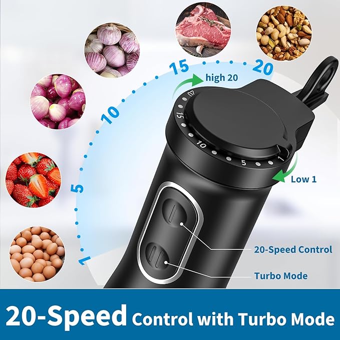 LINKChef 4 in 1 Immersion Blender Handheld, 800W with Titanium Steel Blades, 20 Speeds, Turbo Mode, Scratch-Resistant Stick Hand Blender with Whisk & Food Processor