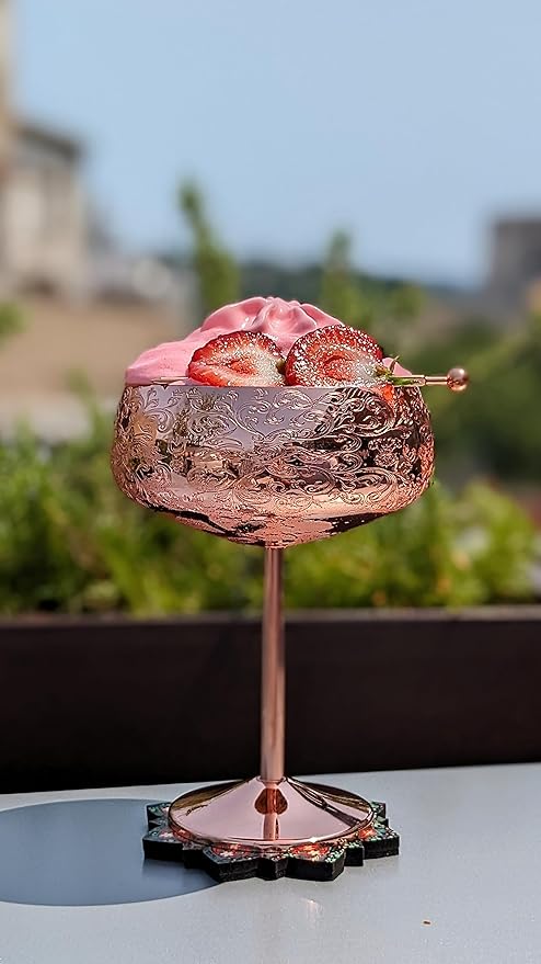 Sky Fish 14 oz Etching Martini Cocktail Glasse,Copper Plated Stainless Steel,Set Of 2 With 2 Cocktail Picks