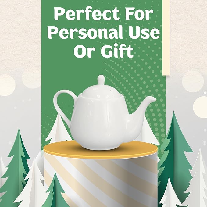 English Tea Store White Porcelain Teapot 2 Cup Raffles Small Ceramic Tea Pot for Loose Leaf Tea or Bags Modern White Teapots for Tea Party Durable Elegant Teapot Ceramic Teapot with Strainer