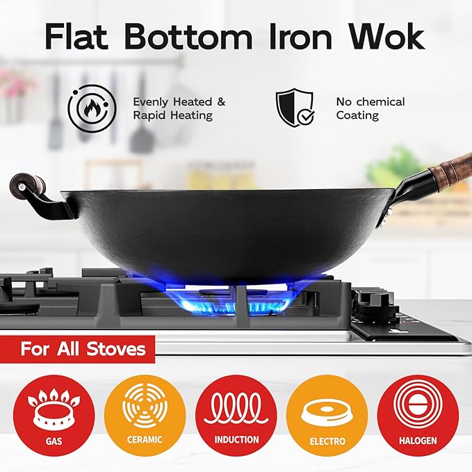 WANGYUANJI 14.2 Inch Cast Iron Wok with Wooden Lid and Iron Spatula, Flat Bottom Double-Handle Cast Iron Stir Fry Pan, Uncoated Chinese Wok for Induction, Gas and Electric Stoves