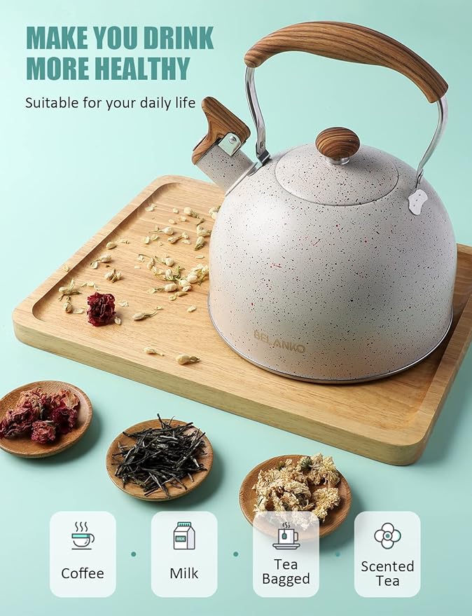 Tea Kettle, BELANKO 85 OZ / 2.5 Liter Whistling Tea Kettle, Tea Pots for Stove Top Food Grade Stainless Steel with Wood Pattern Folding Handle, Loud Whistle Kettle for Tea, Coffee, Milk - Cream White