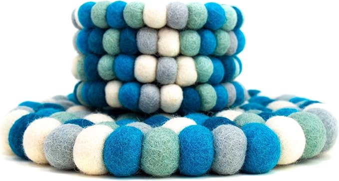 Global Crafts Hand Crafted Felt Ball Wool Trivet Mat from Nepal, 8" Round Pad, Blue Ice