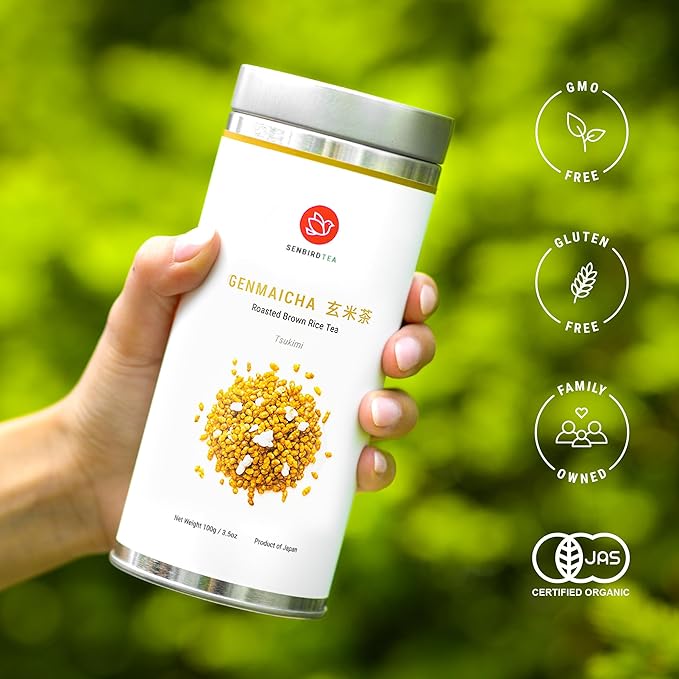 Senbird Premium Genmaicha, Caffeine-Free Japanese Mochi Rice Tea from Hokkaido Japan, Herbal Tea in Airtight Tin, 100g (3.5oz)