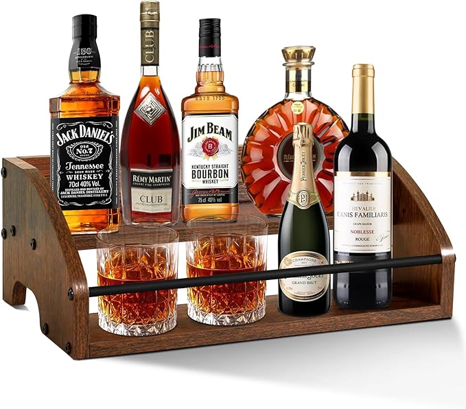 Wooden Countertop Organizer- Liquor Bottle Display Shelf, Coffee Syrup Rack Organizer, Spice Rack, Liquor Cabinet – Small Counter Storage, Stepped Pantry Shelf for Seasonings, Tea, Spice (Brown)