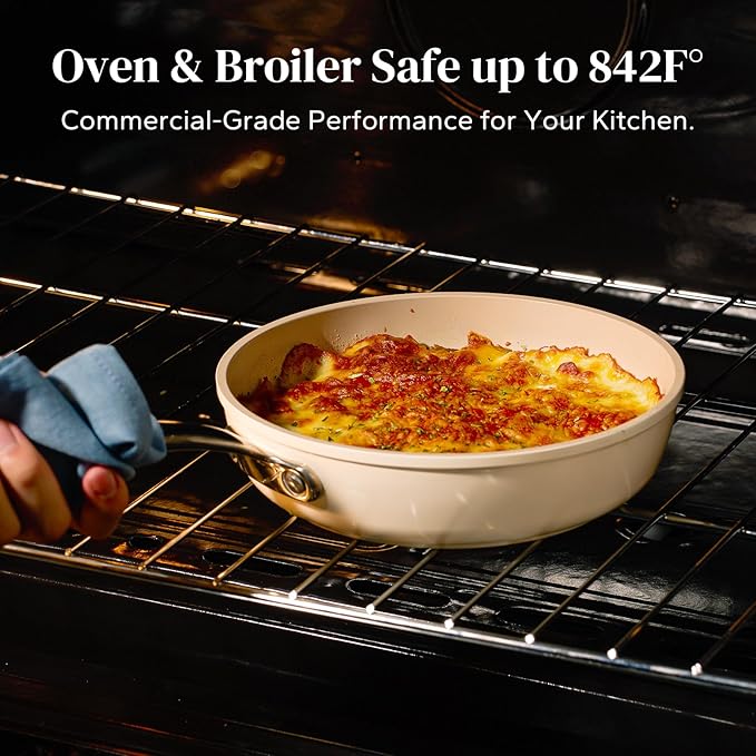 Redchef Ceramic Frying Pan with Lid, 11" Deep Saute Pan, 3.5QT Large Jumbo Cooker, Frying Pan Nonstick with Stay Cool Handle, Non Toxic Cooking Pan, Induction Dishwasher Safe, PFOA & PFAS Free(Beige)
