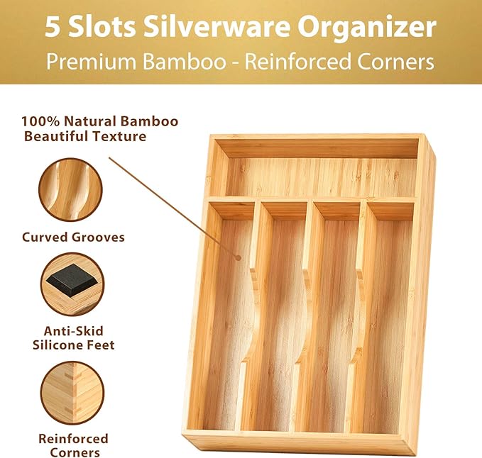 Umilife Bamboo Kitchen Drawer Organizer, 8.25 Inch Silverware Utensils Tray Holder for Small Drawer, Wood Caddy for Flatware Cutlery Knives