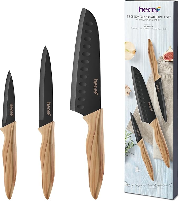 hecef Vintage Kitchen Knife Set of 3, Stainless Steel Blade with Black Non-stick Coating, Sharp Kitchen Knives Includes Santoku, Utility, Paring