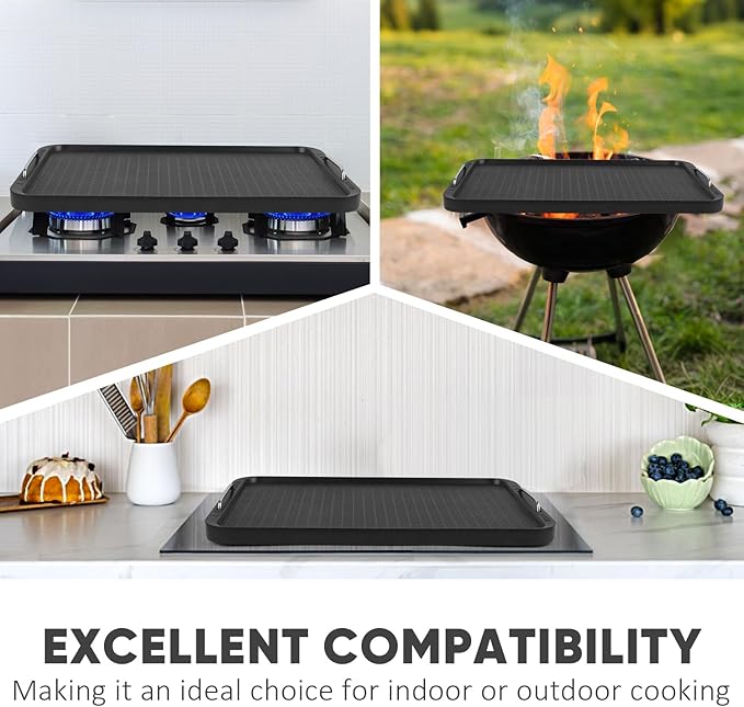 CUSIMAX Stove Top Griddle Pan, 14.96" x 8.66" Aluminum Non-stick Grill & Griddle Pan with Stainless Steel Handles, Flat Top Grill for Gas Stove/Charcoal Grills/Indoor&Outdoor Grill or Campfire
