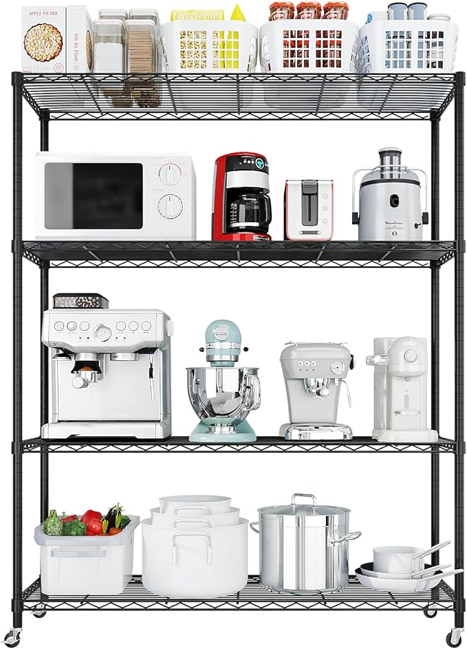Karl home 4-Tier Storage Shelving with 2" Wheels, Adjustable Metal Shelves Wire Storage Rack for Garage Kitchen Basement,800LBS Capacity 64.96" H X 46.06" W X 17.7" D,Black