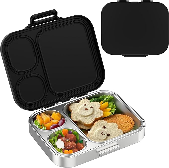 Stainless Steel Lunch Box, Leak-Proof with free sealing Bento Box 3 Compartments, Metal Lunchbox for Travel & Work, Eco-Friendly Meal Storage Solution Black