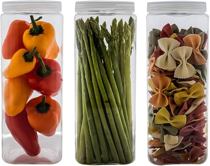 Silicook Clear Plastic Jar, Set of 3-40oz, Square Shaped, Transparent, Food Storage Container, Kitchen & Household Organization for Dry goods, Spices, Vegetables, Ingredients and More