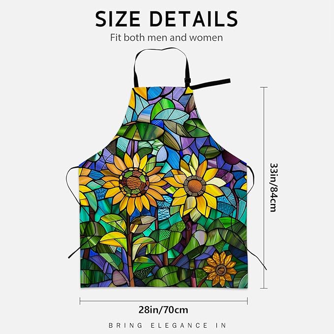 Stained Glass Sunflower Apron for Women Men, Cooking BBQ Chef Polyester Lightweight Floral Mosaic Design Aprons with Pockets for Baking Kitchen Gardening Cleaning, Adjustable, 28×33inch
