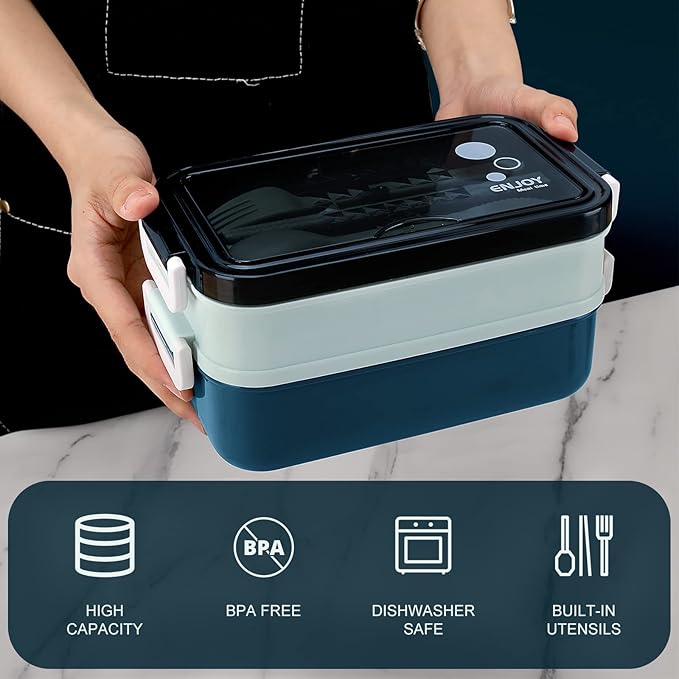 Adult Bento Lunch Box Kit, Bento Boxes Portable Lunch Box, Adult Bento Box with Lunch Bag, Bento Lunch Containers for Women, 1200ml Large Capacity Lunchbox BPA-Free(Blue Metal)