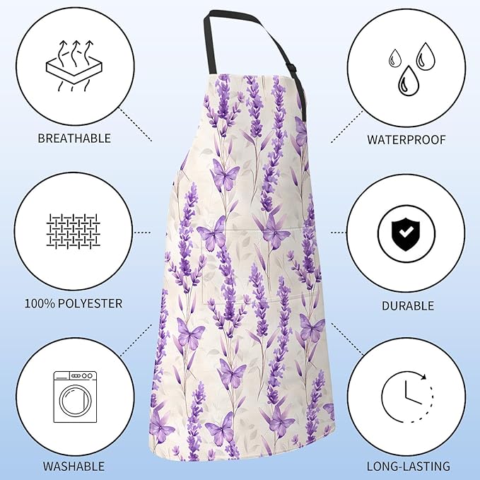 Lavender Apron for Women with Butterfly Floral,28x33in,Elegant Spring Kitchen Aprons with 2 Pockets, Oxford Fabric,Flower Adjustable Apron for Cooking Baking Gardening Chef,Gifts for Mom Wife