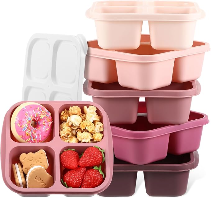 Honeydak 5 Pack Snack Containers 4 Compartment Bento Snack Boxes Reusable Lunchable Containers with Lids Divided Meal Prep Lunch Food Storage Box for School Work Travel(Rose Red Ombre,Equal)