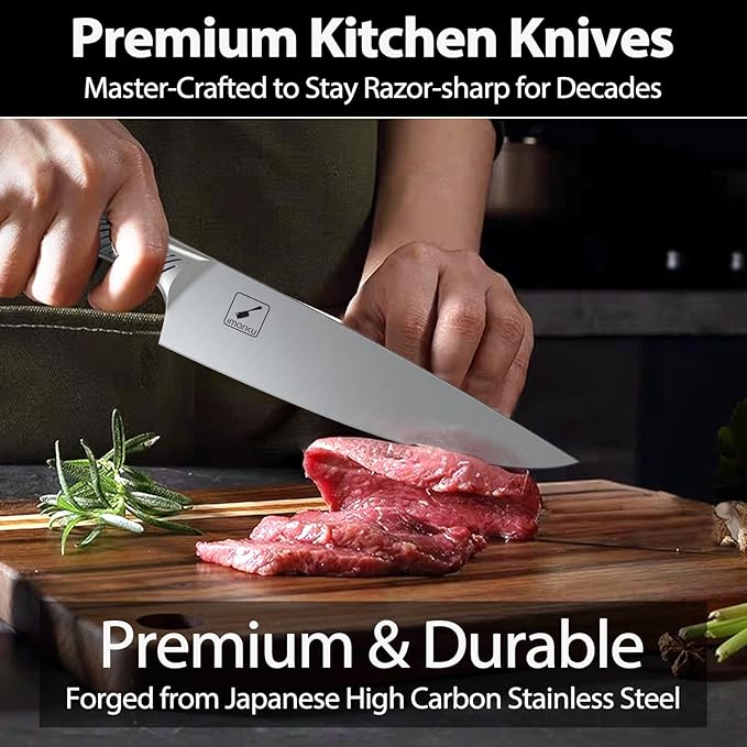 imarku Kitchen Knife Set, 14 Piece Premium Knife Block Set, Dishwasher Safe Knives Set for Kitchen, Razor Sharp Japanese Knife Set with Built-in Sharpener, Ergonomic Handle, Brown