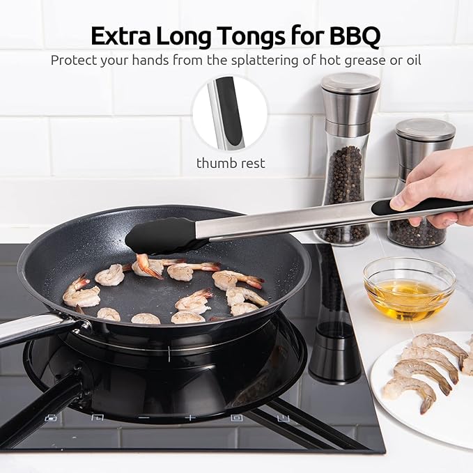 600ºF Heat Resistant Kitchen Tongs: U-Taste 16 inch Extra Long Large Silicone Cooking Tong with Sturdy Non Stick Rubber Tips & Non Slip Silicon Coated 18/8 Stainless Steel Handle for Grill BBQ (Black)