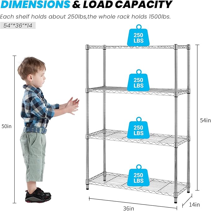 4-Shelf Metal Shelving Rack 36" L x 14" D x 54" H Garage Storage Shelves NSF Adjustable Wire Shelves Organizer for Kitchen Closet Basement, Each Shelf Can Hold 250LBS, Chrome