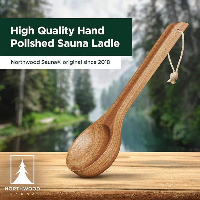 Sauna Ladle - Handmade from Canadian Red Cedar Wood - Natural Rope - 16″ Handle & 5 oz (150 mL) Capacity Spoon