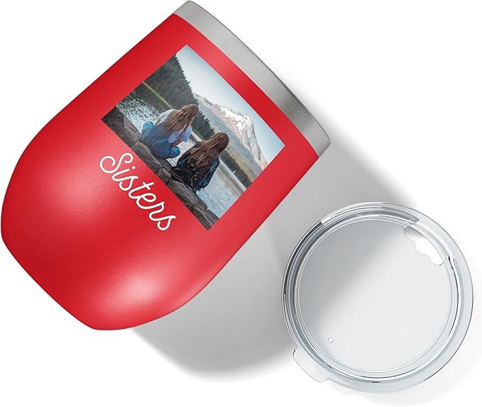 Personalized Mothers Day 12oz Photo Printed Insulated Stainless Steel Powder Coated Stemless Wine Tumbler with Lid, Customized Mum Gift Idea for Her, Custom Mom Coach Gifts Team (Red)