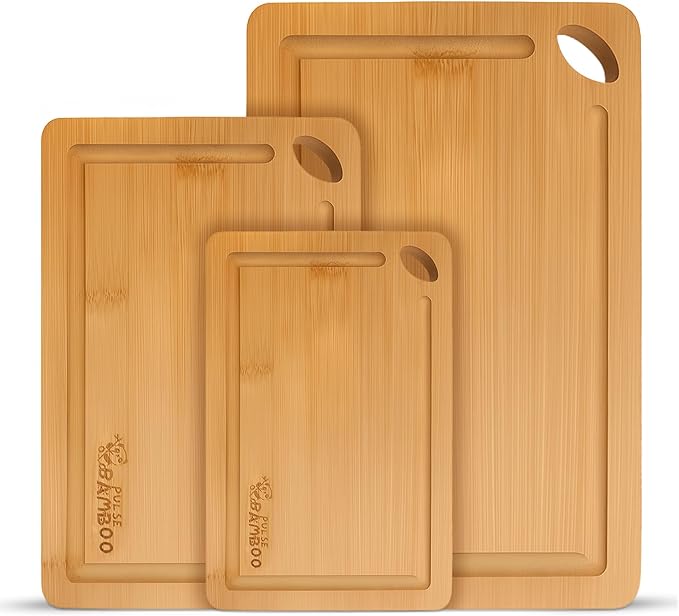 3-Layer Engineered Bamboo Cutting Board Set – Natural Bamboo Chopping Boards with Juice Grooves, Knife-Safe Surface, Anti-Slip Corners, 3-Piece Kitchen Board Set for Meat, Veggies, Cheese