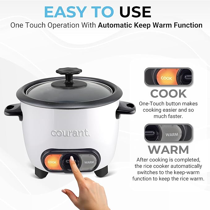 Courant Rice Cooker 6-Cup (Cooked), Removable Non-Stick Bowl, One Touch Rice Cooker, White