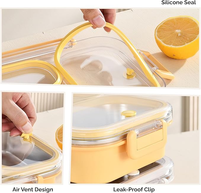 304 Stainless Steel Lunch Box for Adults & Kids, 25oz Leakproof Metal Bento Box with 3 Compartments, BPA-Free, Reusable & Dishwasher Safe Food Container for School,Office,Picnic,Travel(Yellow)