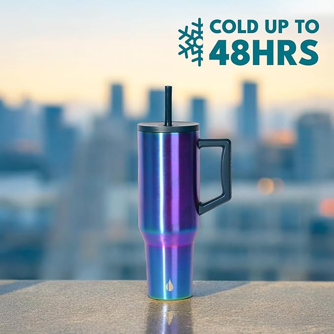 Elemental 40 oz Tumbler with Handle and Straw - Spill Proof Insulated Stainless Steel Commuter for Hot and Cold Beverages - Travel Coffee Mug with 2 Straws & Spill Proof Lid - 40oz - Iridescent