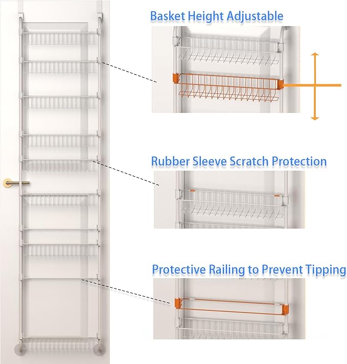 White Over the Door Pantry Organizer 5 Tier, Adjustable Basket Pantry Door Organizer and Storage, Heavy Duty Metal Kitchen Hanging Spice Rack (D5xW19xH50 Inches)