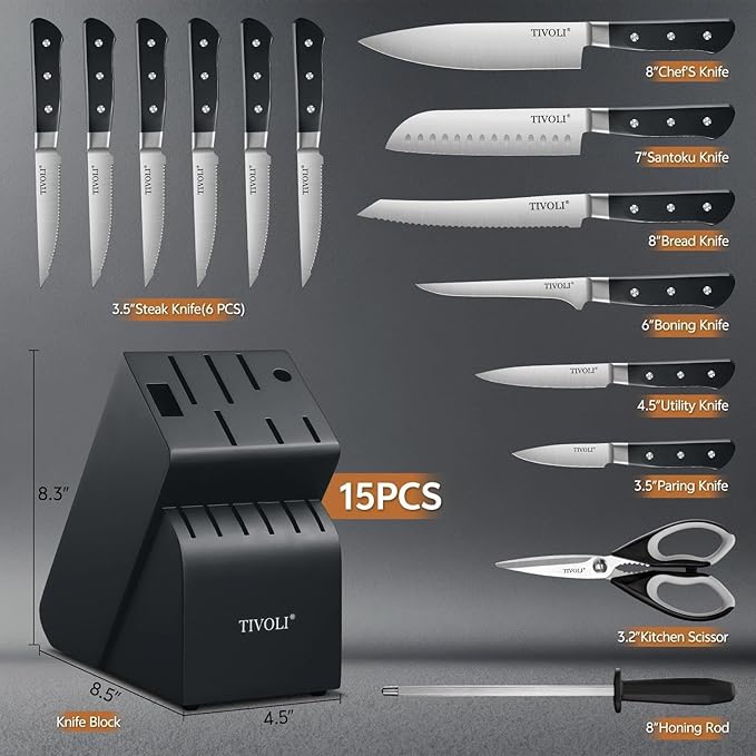 TIVOLI Knife Block Set, 15 PCS Kitchen Knife Set with Block & Sharpener Steel & Kitchen Scissor, High Carbon Stainless Steel Cutlery Knife Set, Ergonomic Wood Handle, Gifts For Cooks, Black