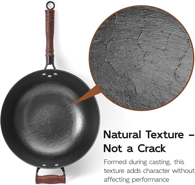 WANGYUANJI 14.2 Inch Cast Iron Wok with Wooden Lid and Iron Spatula, Flat Bottom Double-Handle Cast Iron Stir Fry Pan, Uncoated Chinese Wok for Induction, Gas and Electric Stoves