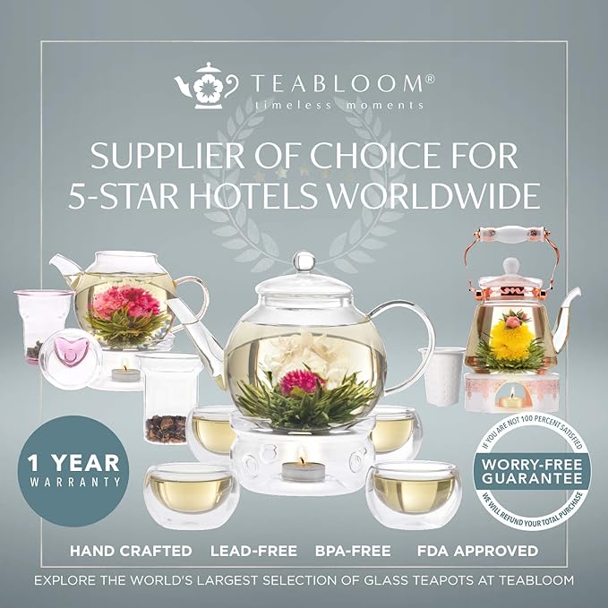 Teabloom One-Touch Tea Maker, 2-in-1 Teapot and Kettle with Stainless Steel Filter Lid for Loose Tea – Stain-free Borosilicate Glass Teapot (40 Oz) – Tea Connoisseur's Choice