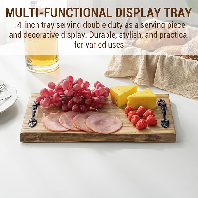 MyGift 14 Inch Vintage Solid Reclaimed Wood Serving Tray with Black Metal Handles, Rustic Wooden Decorative Display Platter, Home Table Kitchen Counter Decor