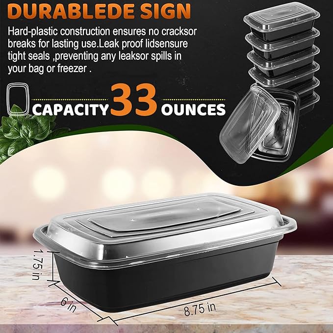 Meal Prep Containers With Lids 50 Set, Food Storage Containers Reusable To-go Container Plastic Lunch Box Disposable Bento Box - Microwave Safe, Freezer & Dishwasher Safe (33 oz)