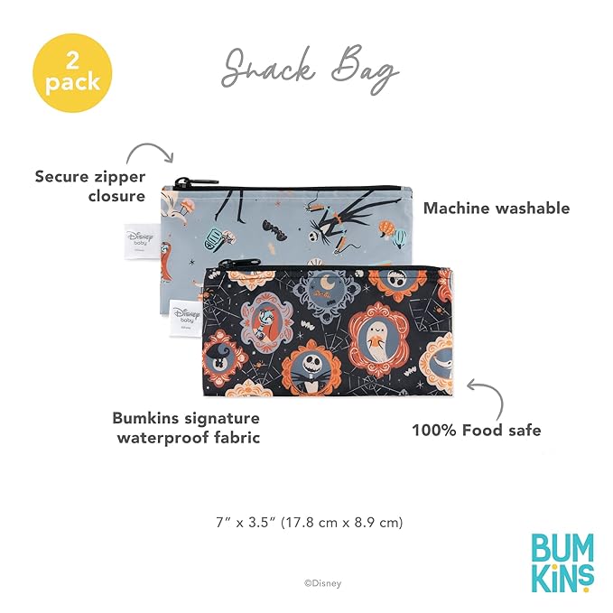 Bumkins Disney Reusable Snack Bags, for Kids School Lunch and for Adults Portion, Washable Fabric, Waterproof Cloth Zip Bag, Supplies Travel Pouch, Food-Safe Storage, 2-pk Nightmare Before Christmas