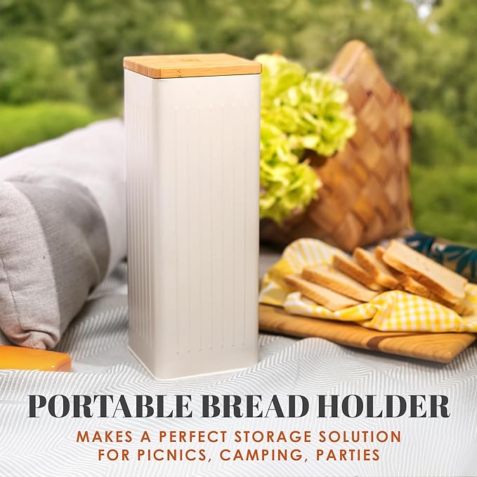 Apace Living FRESHSLICE Bread Container 2.0 | Bread Keeper with Airtight Lid | Metal Bread Box with Bamboo Lid for Homemade Bread, 5 Liter (Creamy White)