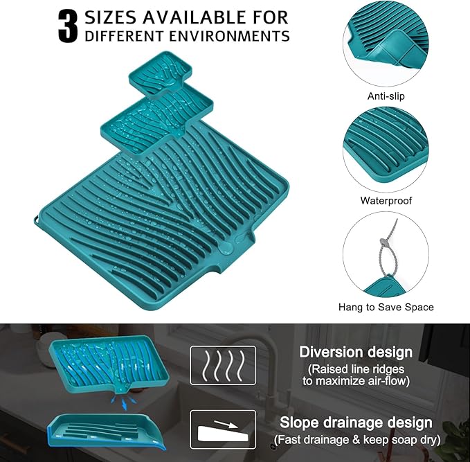 Silicone Dish Drying Mat for Kitchen Counter, Dish Drying Pad, Non-Slip Drain Pad with Built-in Drain, Heat Resistant Stone Drying Mat, 3 pcs (Green)