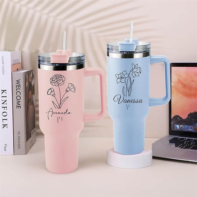 ThermoThrill Ships Next Day, Personalized 40 Oz Tumbler with Handle and Straw Custom Tumbler with Text Stainless Steel Mug Birthday Gifts for Women