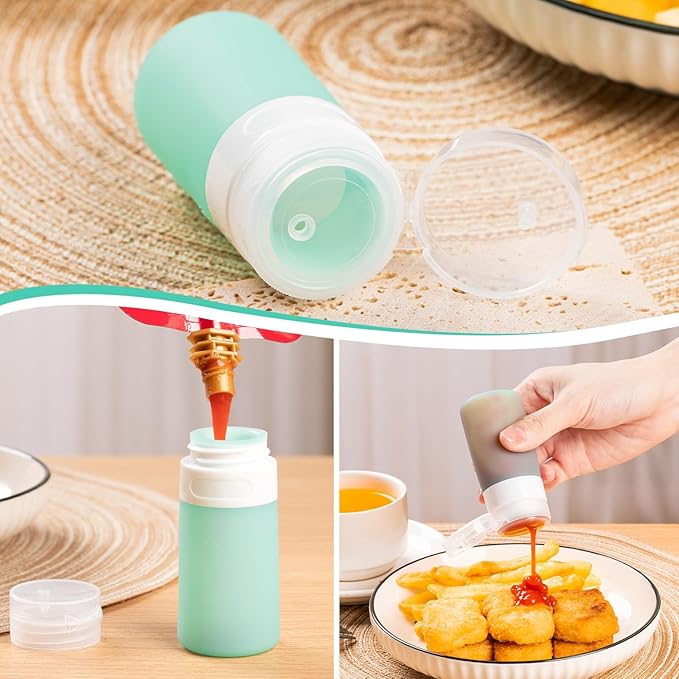 8-Pack Salad Dressing Container To Go, 2-oz Silicone Small Condiment Squeeze Bottles and 1.6 oz Stainless Steel Sauce Containers Cups, Leakproof Condiment Containers with Lids for Lunch Box