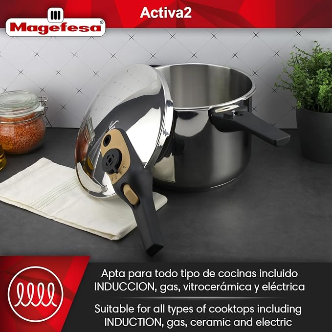Magefesa Activa2 8-Quart Stainless Steel Pressure Cooker – 2 Cooking Programs, Works on All Stovetops, Mustard Handle
