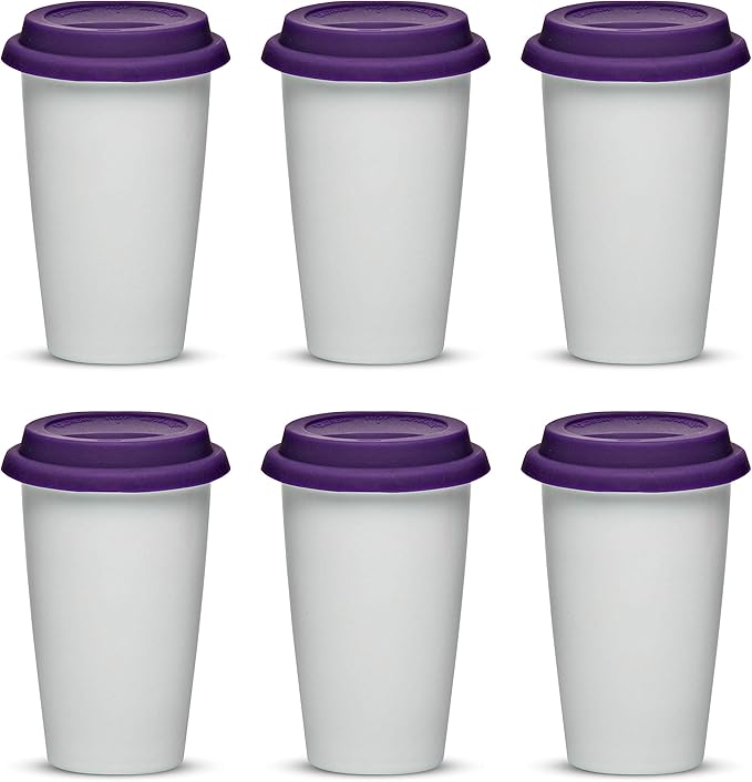 DISCOUNT PROMOS 11 oz. Double Wall Ceramic Tumblers with Lid - 6 Pack - Purple