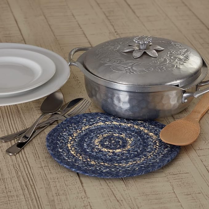 VHC Brands Great Falls Blue Trivet Hot Pad for Pots Pans, Blue White, Jute Blend, Round Circle, 8 Inches