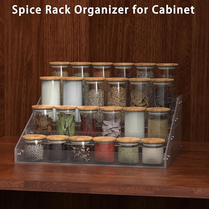 4 Step Acrylic Spice Rack Organizer for Cabinet, Transparent Display Riser Shelf Seasoning Organizer for Countertop Cupboard Pantry, Condiment Jar Kitchen Storage Holder Stylish Display Stand