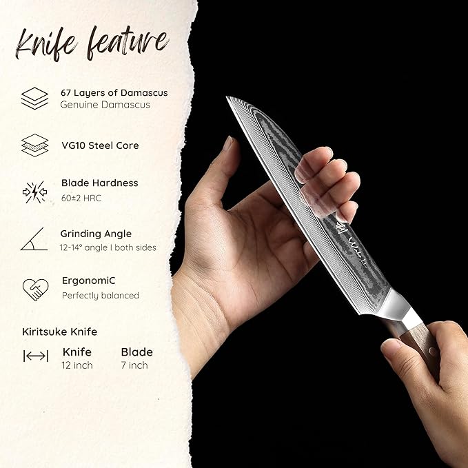 Wakoli HIK Damascus Santoku Knife – Full Tang Multipurpose Kitchen Knife | 7-Inch Blade Made of 67-Layer Damascus Steel with VG10 Core | Walnut Wood Handle | Sharp, Durable, Gift Box Included